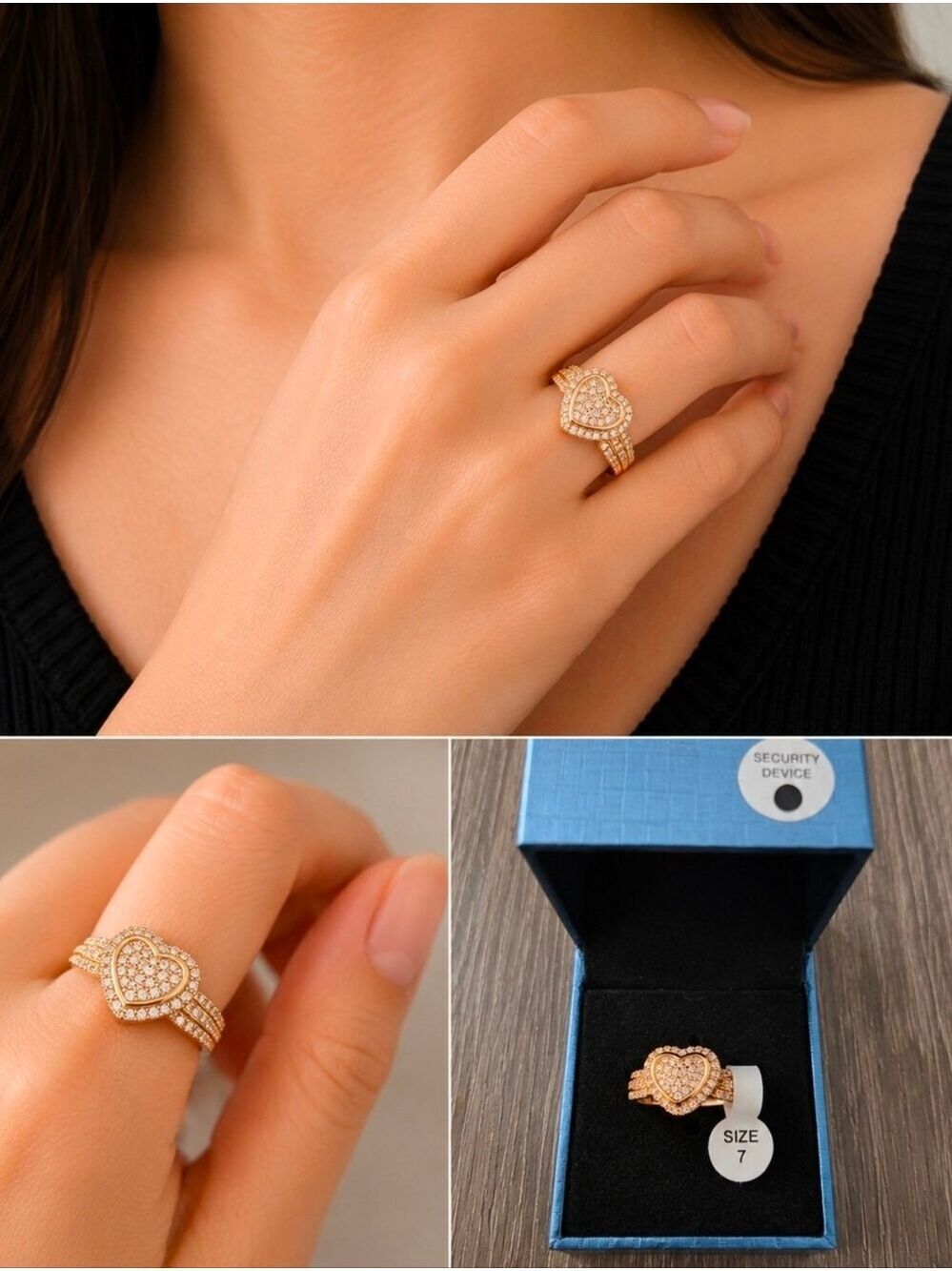 NWT Gold heart ring with diamond-like stones Size 7